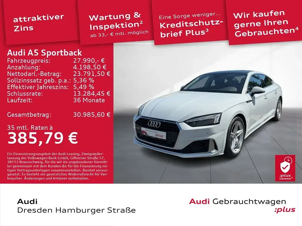 Gebraucht Audi A5 Sportback Advanced 163 PS (119 kW) 2021 Gletscherweiß metallic Kleinwagen