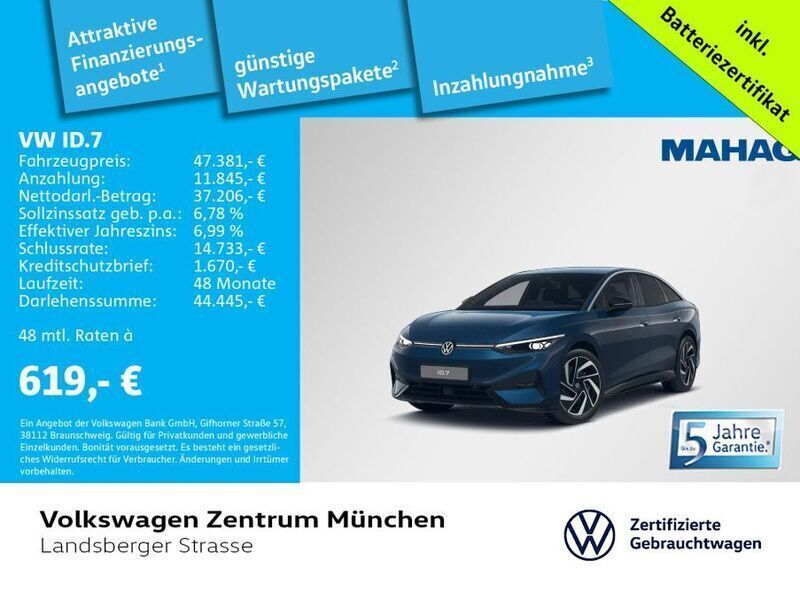 Blau Gebraucht 2024 VW ID.7 Pro Limousine | 47.381 € (Fairer Preis) - Bild 1/2