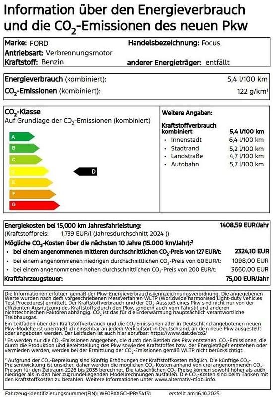 Neu Ford Focus Titanium S 125 PS (91 kW) 2025 Obsidianschwarz metallic Kombi