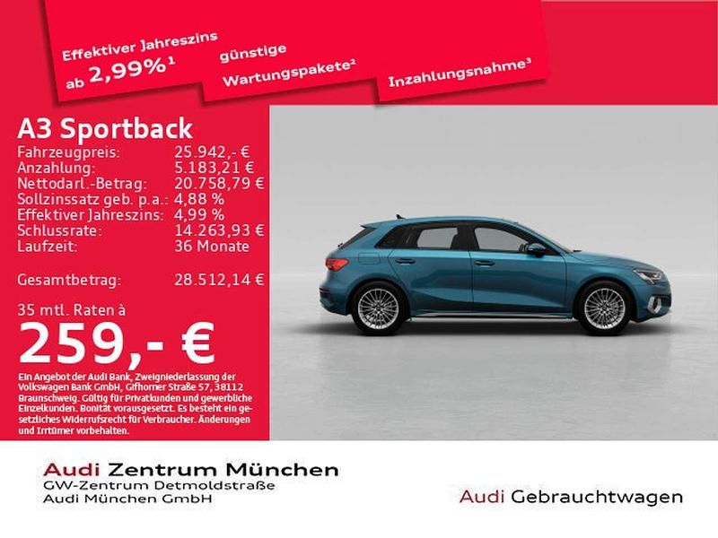 Atollblau metallic Gebraucht 2022 Audi A3 e-tron Advanced Kleinwagen | 25.942 € (Etwas zu teuer) - Bild 1/2