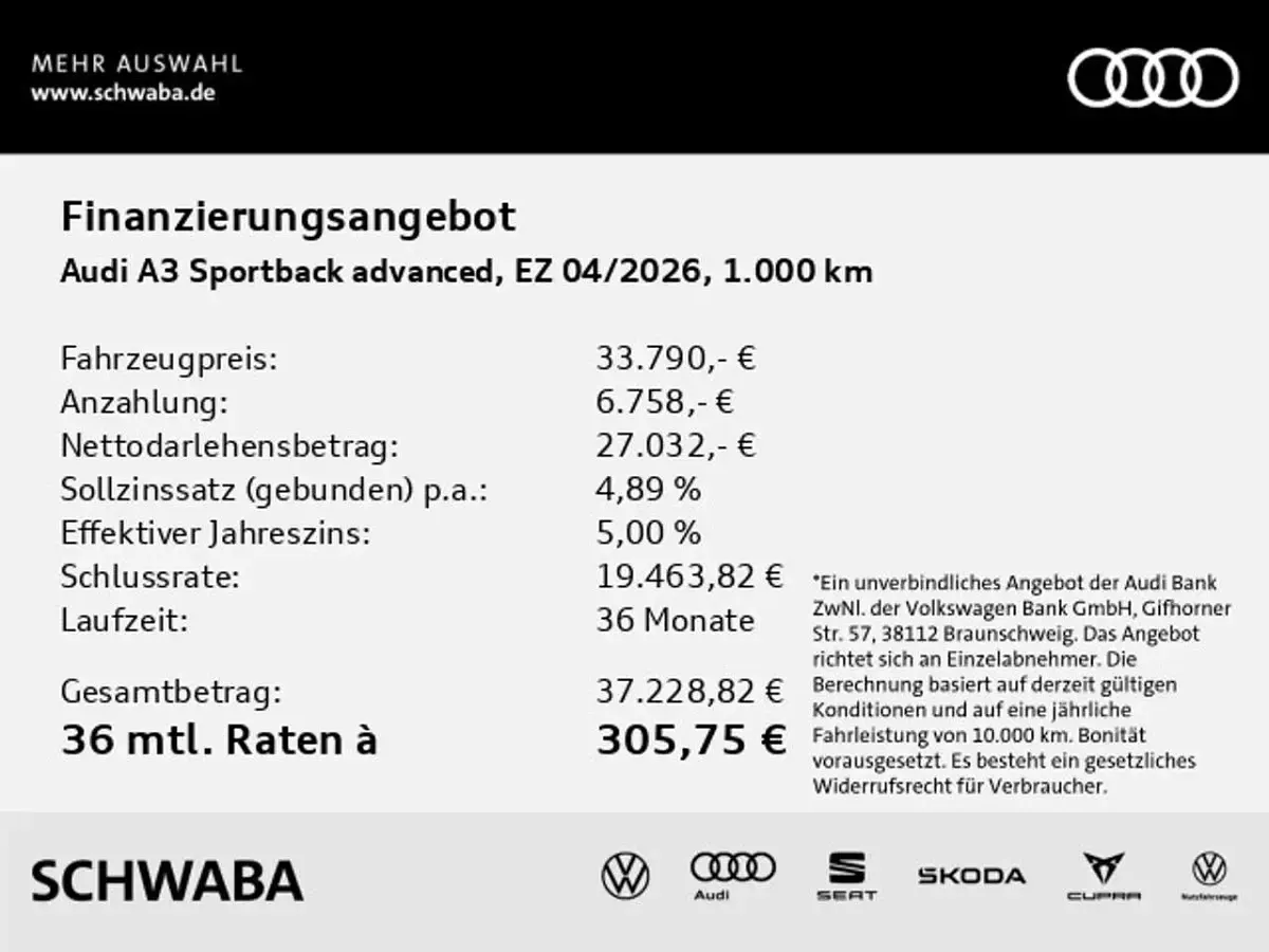 Gebraucht Audi A3 Advanced 116 PS (85 kW) 2026 Brillantschwarz Limousine