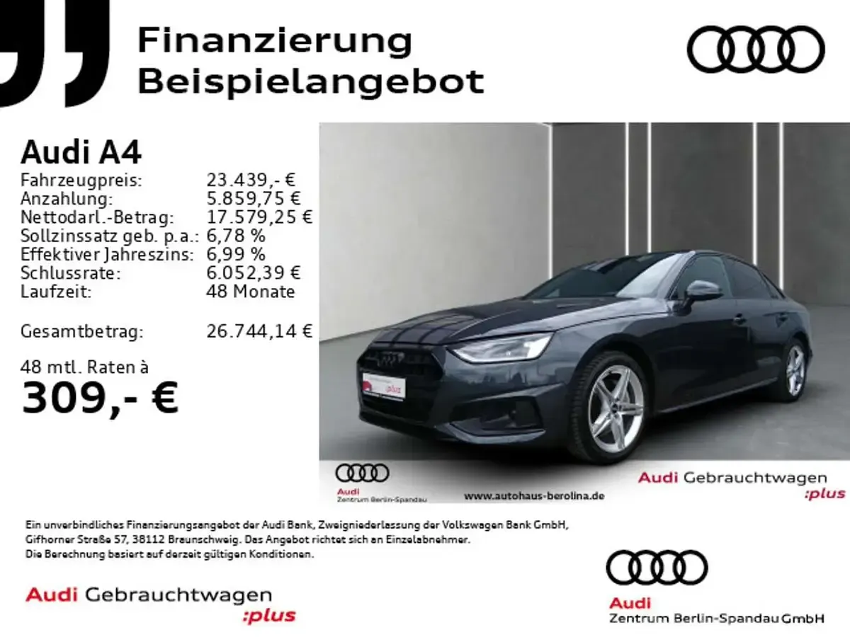 Używany Audi A4 Ambiente 204 KM (150 kW) 2021 Szary Sedan/Limuzyna