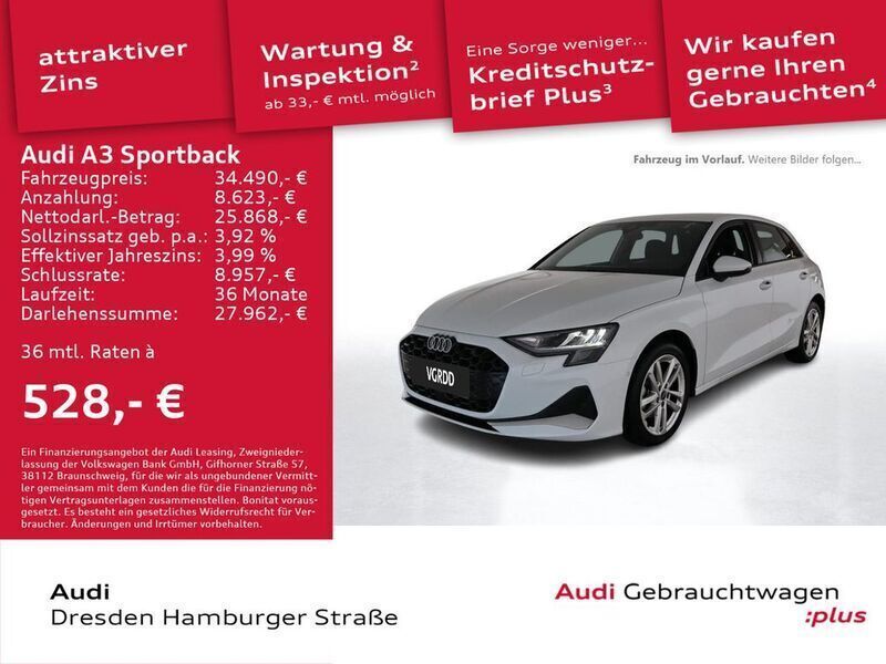 Weiß Gebraucht 2024 Audi A3 Sportback Advanced Kleinwagen | 34.890 € (Fairer Preis) - Bild 1/3