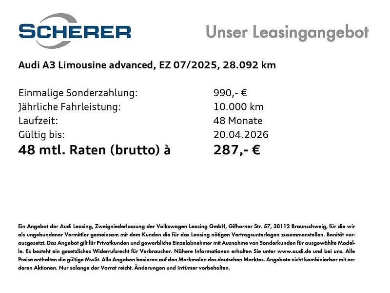 Gebraucht Audi A3 Advanced Plus 150 PS (110 kW) 2025 Mythosschwarz metallic Limousine