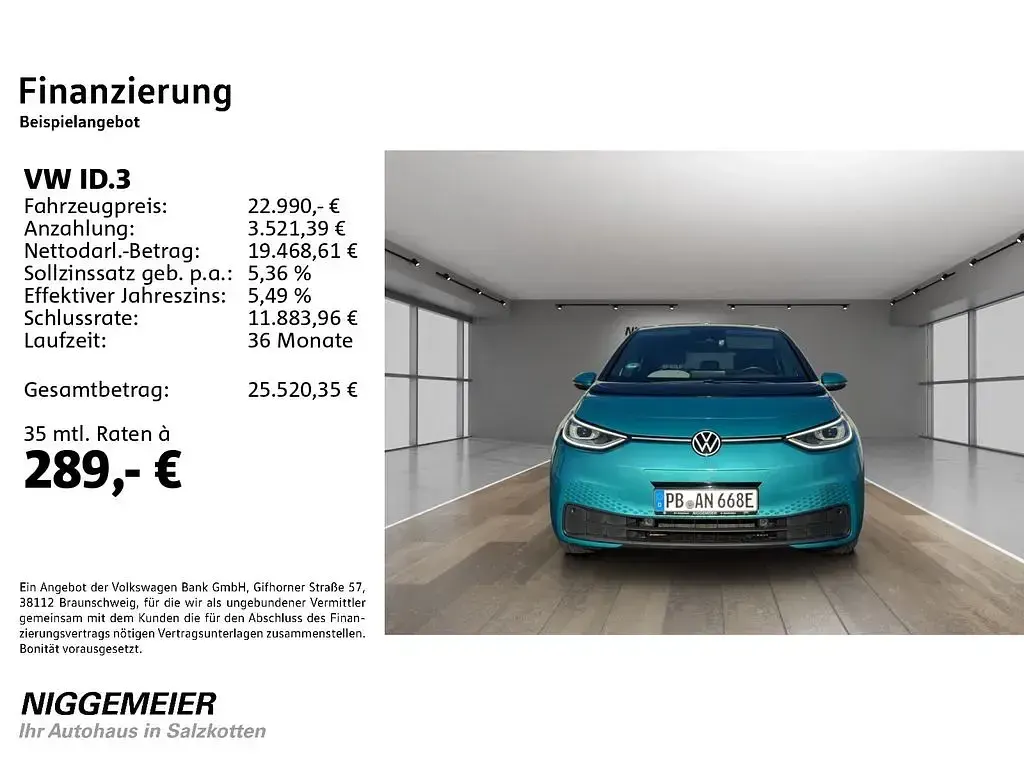Gebraucht VW ID.3 Pro Performance 150 kW (204 PS) 2021 Makenatürkis metallic / dach sc (metallic) Kleinwagen