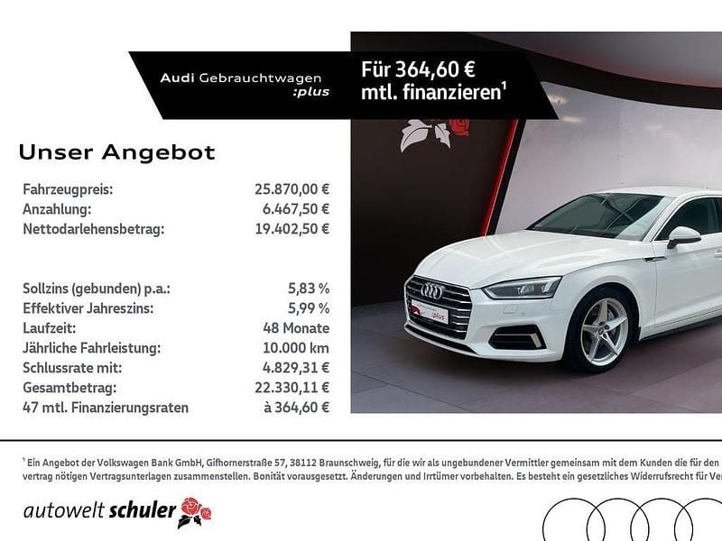 Ibisweiß Gebraucht 2019 Audi A5 Sportback Sport Kleinwagen | 25.870 € (Guter Preis) - Bild 1/4
