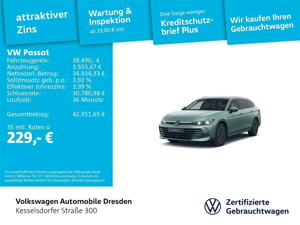Gebraucht VW Passat Elegance 150 PS (110 kW) 2025 Maripositgrün metallic Kombi