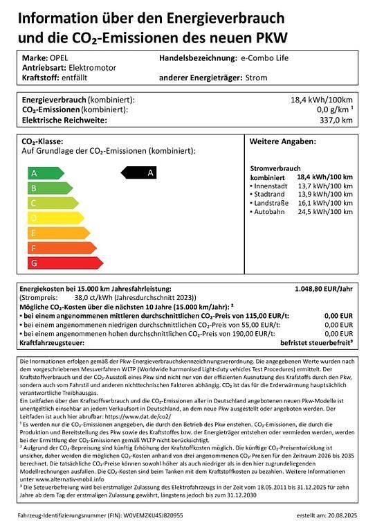 Grün Neu 2025 Opel Combo-e Life Van / Kleinbus | 31.690 € - Bild 1/1