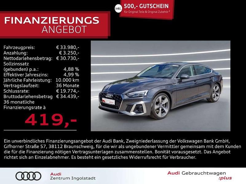 Grau metallic Gebraucht 2021 Audi A5 Sportback S-Line Kleinwagen | 33.980 € (Superpreis) - Bild 1/2