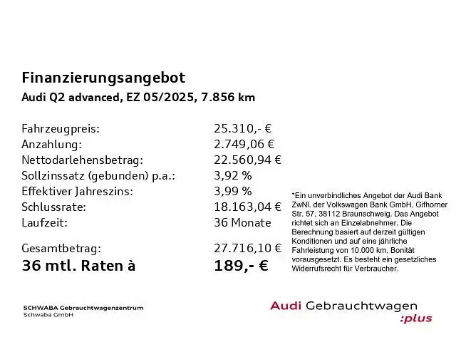 Gebraucht Audi Q2 Advanced Plus 116 PS (85 kW) 2025 Manhattangrau metallic SUV