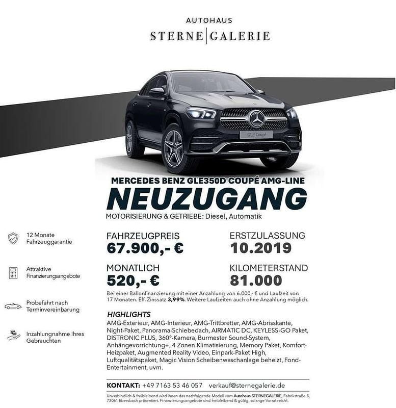 Obsidianschwarz Gebraucht 2020 Mercedes GLE350 AMG line Coupé | 67.900 € (Fairer Preis) - Bild 1/1