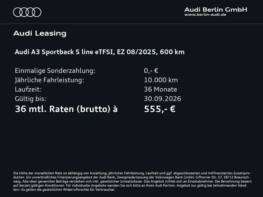 Neu Audi A3 Sportback e-tron S-Line 204 PS (150 kW) 2025 Mythosschwarz metallic Kleinwagen