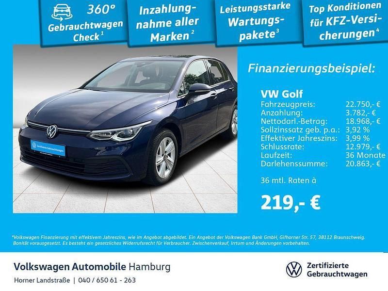 H7 atlantic blue metallic (metallic) Gebraucht 2022 VW Golf VIII Life Limousine | 22.750 € (Guter Preis) - Bild 1/3