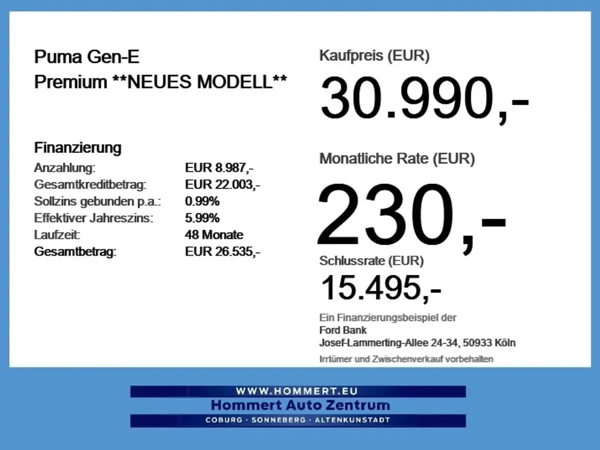 Neu Ford Puma Gen-E Premium 124 kW (169 PS) 2026 Digital aqua blue SUV
