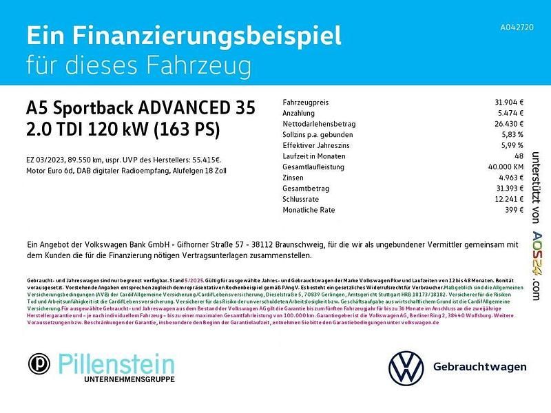 Gebraucht Audi A5 Sportback Advanced Plus 163 PS (119 kW) 2023 Blau Kleinwagen