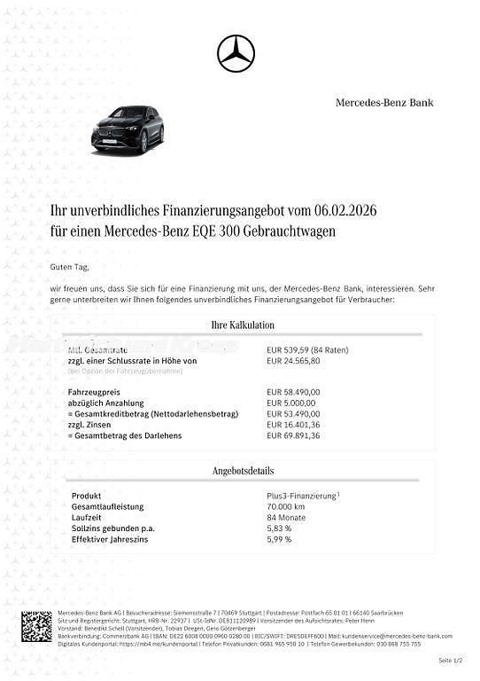Gebraucht Mercedes EQE300 AMG Line Premium Plus 180 kW (245 PS) 2023 Obsidianschwarz  lack SUV
