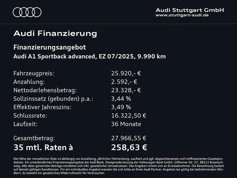 Gebraucht Audi A1 Sportback Advanced Plus 116 PS (85 kW) 2025 Weiß Kleinwagen