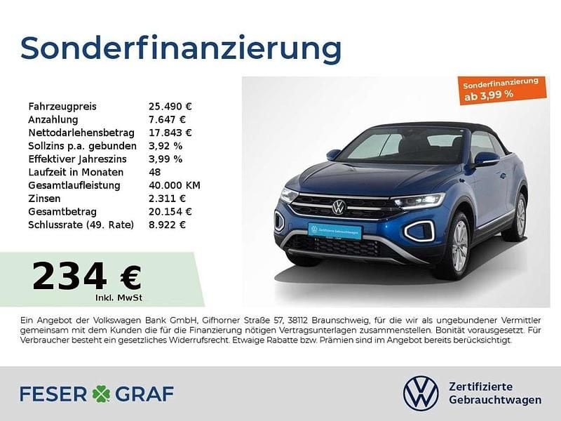 Ravennablau Gebraucht 2024 VW T-Roc Cabriolet Style Cabrio | 25.490 € (Guter Preis) - Bild 1/2
