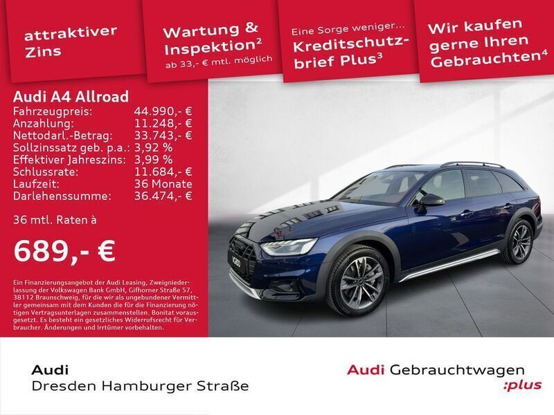 Navarrablau metallic Gebraucht 2024 Audi A4 Allroad Ambiente Kombi | 47.490 € (Fairer Preis) - Bild 1/3