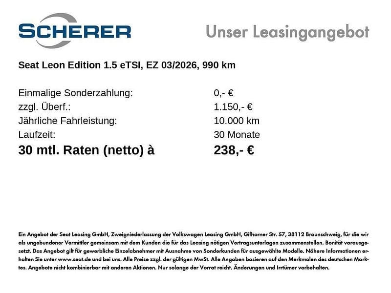 Neu Seat Leon 150 PS (110 kW) 2026 Midnight schwarz metallic (metallic) Limousine