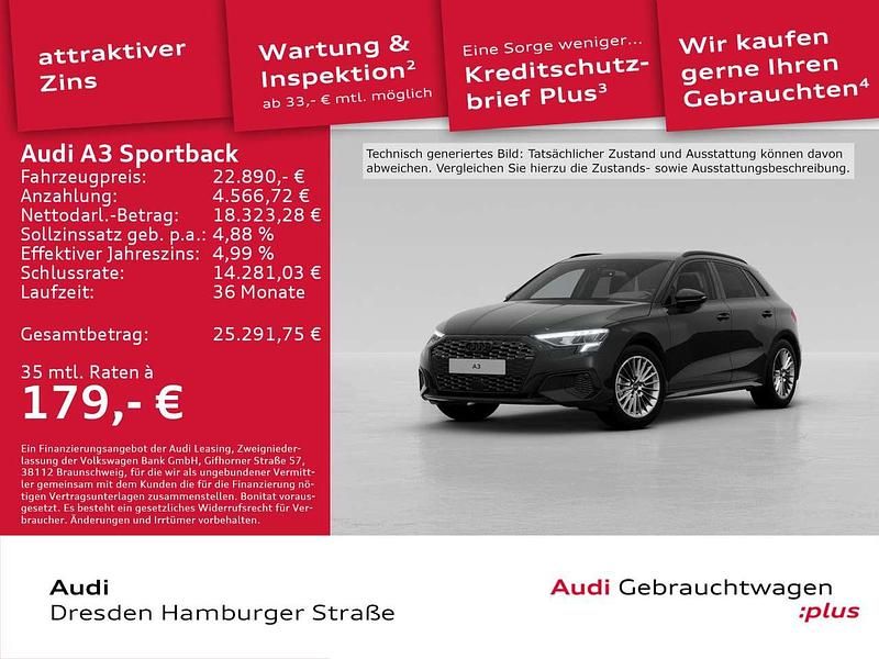 Brillantschwarz Gebraucht 2022 Audi A3 Advanced Plus Limousine | 22.890 € (Fairer Preis) - Bild 1/3