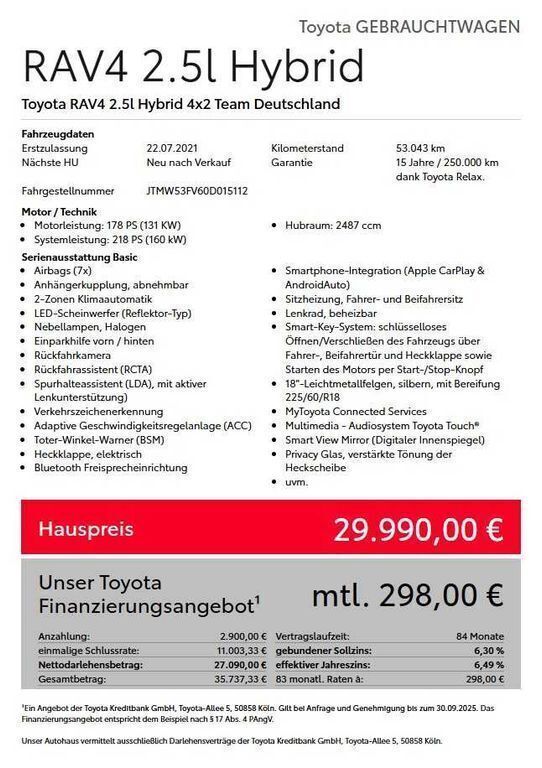 Grau Gebraucht 2021 Toyota RAV4 Hybrid Team SUV | 29.990 € (Fairer Preis) - Bild 1/1