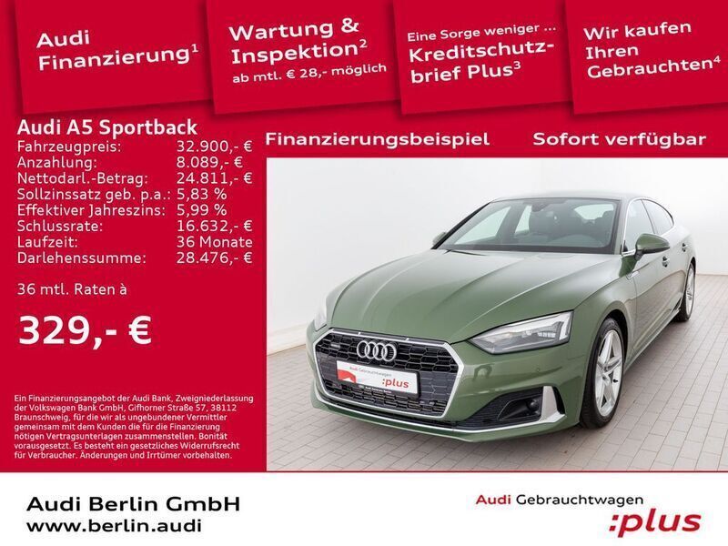 Distriktgrün metallic Gebraucht 2021 Audi A5 Sportback Advanced Limousine | 32.900 € (Fairer Preis) - Bild 1/3