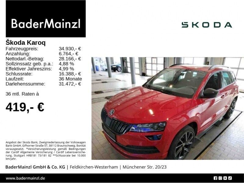 Rot Gebraucht 2022 Skoda Karoq SportLine SUV | 34.930 € (Etwas zu teuer) - Bild 1/3