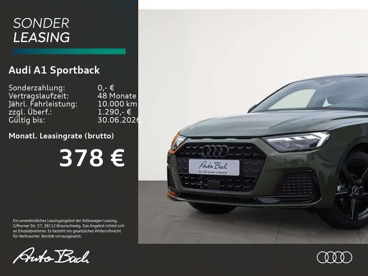 Neu Audi A1 Advanced Plus 95 PS (69 kW) 2026 Distriktgrün metallic mythossc SUV