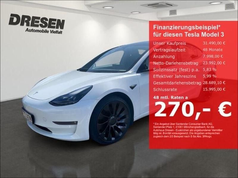 Weiss Gebraucht 2022 Tesla Model 3 Performance Limousine | 31.490 € (Fairer Preis) - Bild 1/4