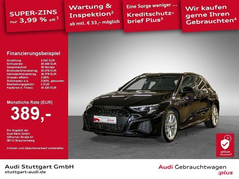 Mythosschwarz metallic Gebraucht 2024 Audi A3 Sportback e-tron S-Line Limousine | 40.420 € - Bild 1/2