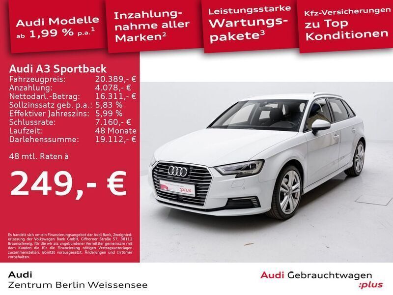 Gletscherweiß metallic Gebraucht 2020 Audi A3 Sportback e-tron Sport Limousine | 21.489 € (Fairer Preis) - Bild 1/4
