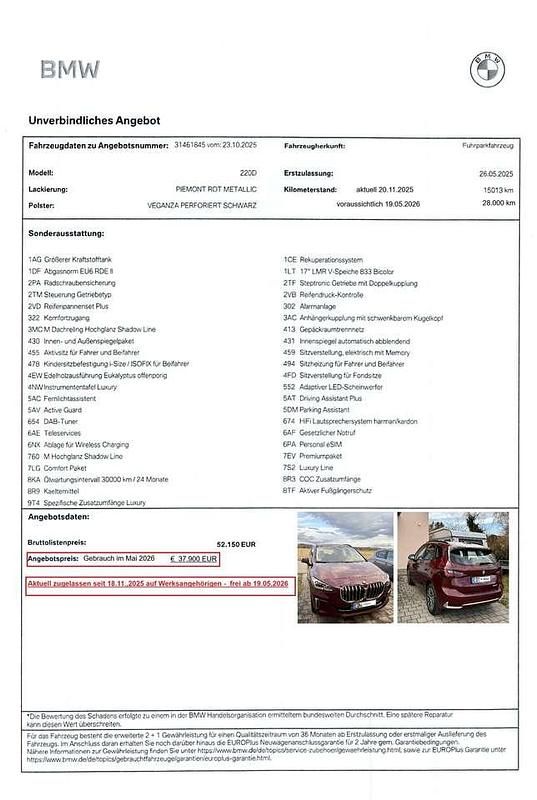 Rot Gebraucht 2025 BMW 220 Active Tourer Luxury Line Van / Kleinbus | 37.900 € (Fairer Preis) - Bild 1/4