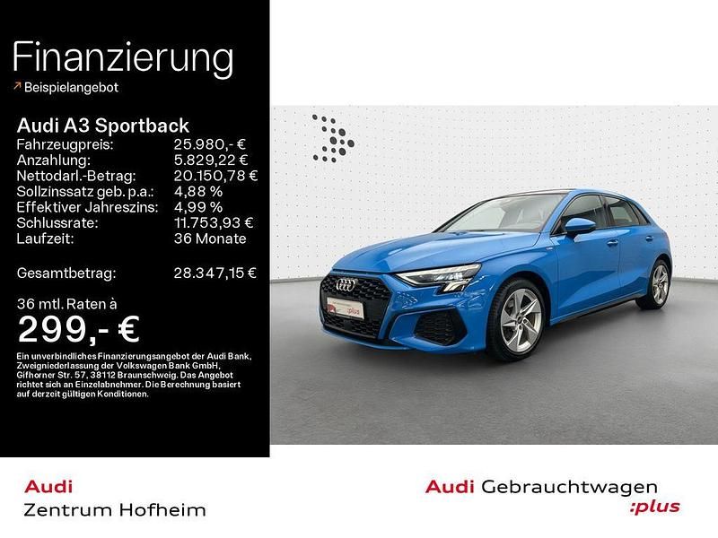 Blau Gebraucht 2021 Audi A3 Sportback S-Line Kleinwagen | 25.980 € (Etwas zu teuer) - Bild 1/4