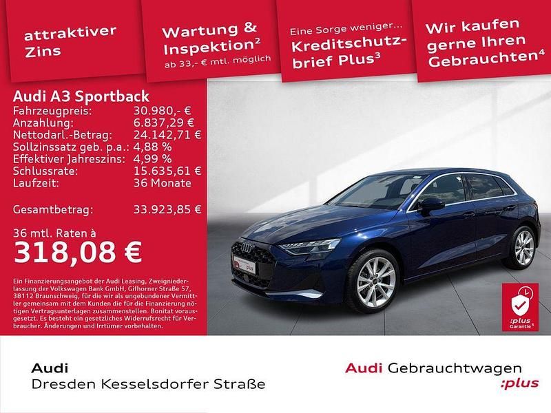 Blau Gebraucht 2024 Audi A3 Sportback Advanced Limousine | 30.980 € (Guter Preis) - Bild 1/4