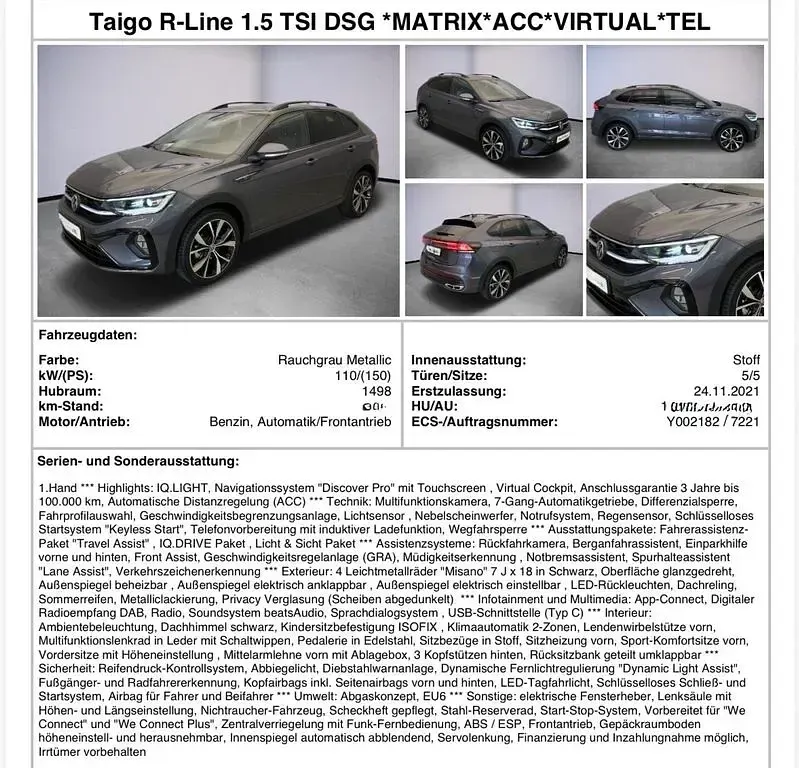 Gebraucht VW Taigo R-line 150 PS (110 kW) 2021 Grau SUV