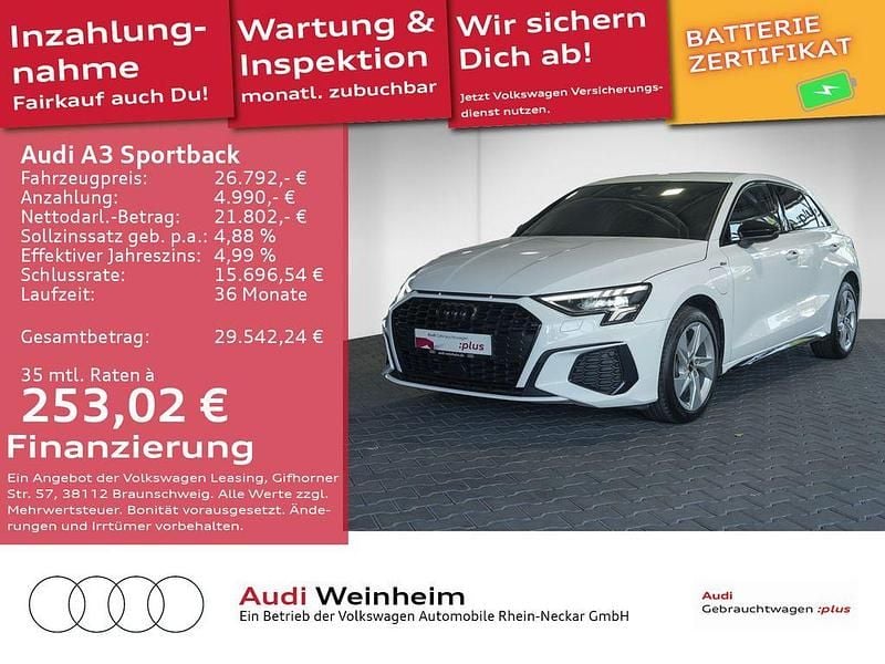 Weiß Gebraucht 2022 Audi A3 Sportback e-tron S-Line Limousine | 26.792 € (Guter Preis) - Bild 1/3