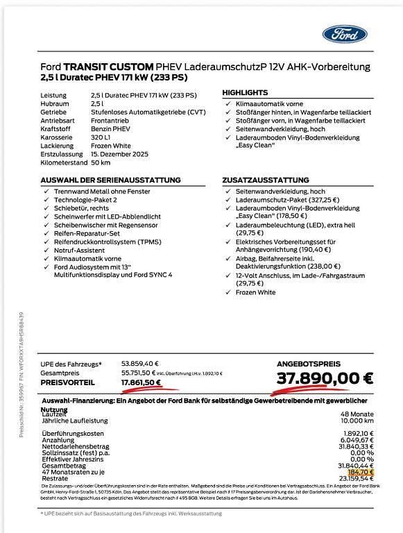 Neu Ford Transit Custom 232 PS (170 kW) 2025 Weiß Van / Kleinbus