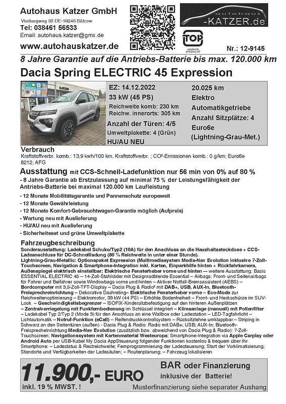 Usata Dacia Spring Expression 33 kW (45 CV) 2022 Argento Utilitaria
