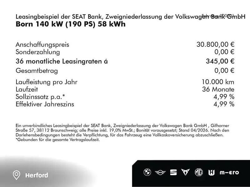 Neu Cupra Born 139 kW (190 PS) 2026 Glacial white metallic (weiß) Kleinwagen