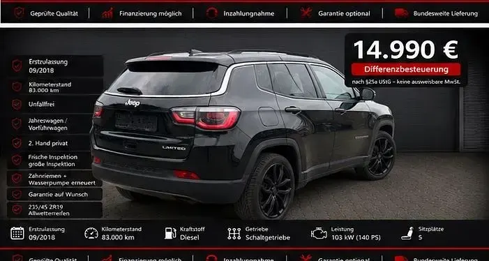 Occasion Jeep Compass Limited 140 ch (102 kW) 2018 Noir SUV