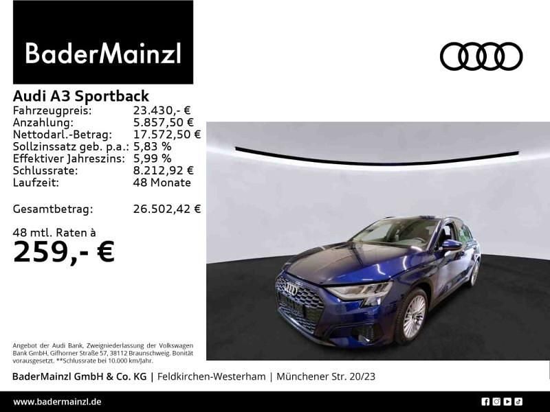 Blau Gebraucht 2022 Audi A3 Sportback Advanced Kleinwagen | 23.430 € (Fairer Preis) - Bild 1/3