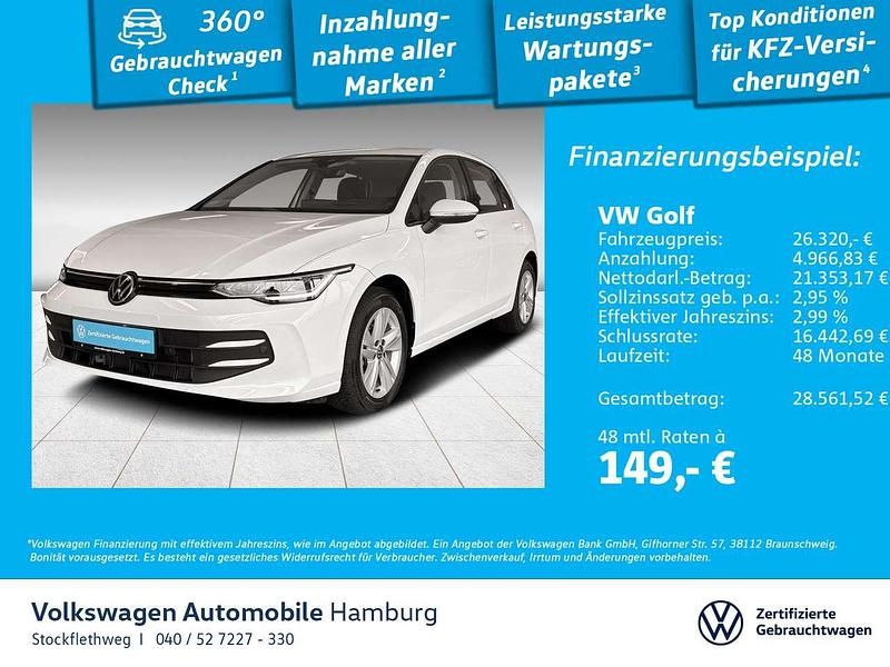0q pure white Gebraucht 2024 VW Golf VIII Life Limousine | 26.320 € (Fairer Preis) - Bild 1/3