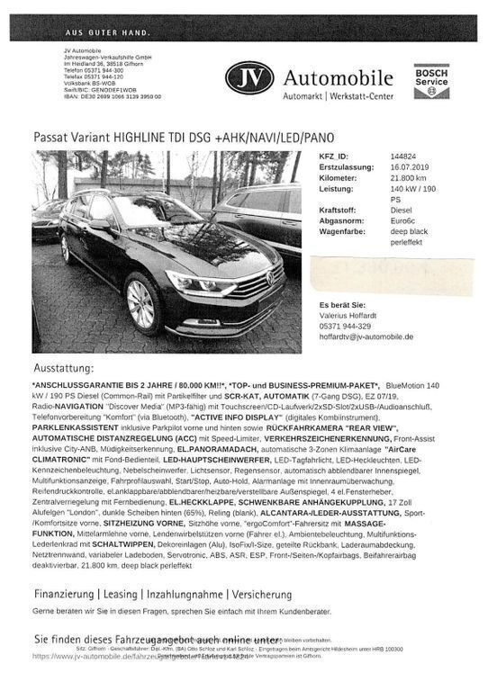 Schwarz Gebraucht 2019 VW Passat Highline Kombi | 10.600 € (Teuer) - Bild 1/4
