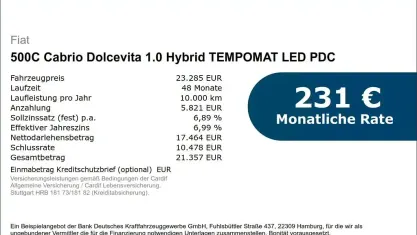Neu Fiat 500C Dolcevita 65 PS (47 kW) 2026 Blau Cabrio