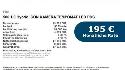 Neu Fiat 500 Icon 65 PS (47 kW) 2026 Schwarz Kleinwagen