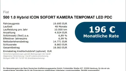 Neu Fiat 500 Icon 65 PS (47 kW) 2026 Gruen Kleinwagen
