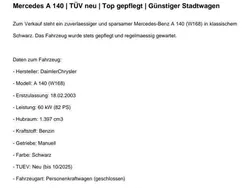 Schwarz Gebraucht 2003 Mercedes A140 Kleinwagen | 1.900 €