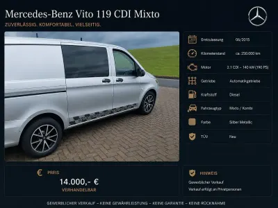 Gebraucht Mercedes Vito 190 PS (139 kW) 2015 Silber Van