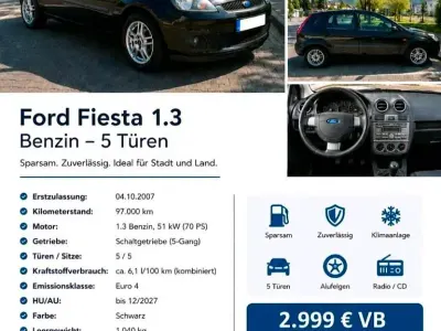 Gebraucht Ford Fiesta 70 PS (51 kW) 2007 Schwarz Kleinwagen